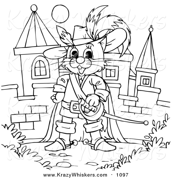 Critter Clipart of a Lineart Puss in Boots by a Castle