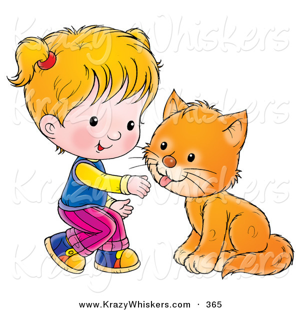 Critter Clipart of a Little Blond Girl Crouching to Pet an Orange Cat