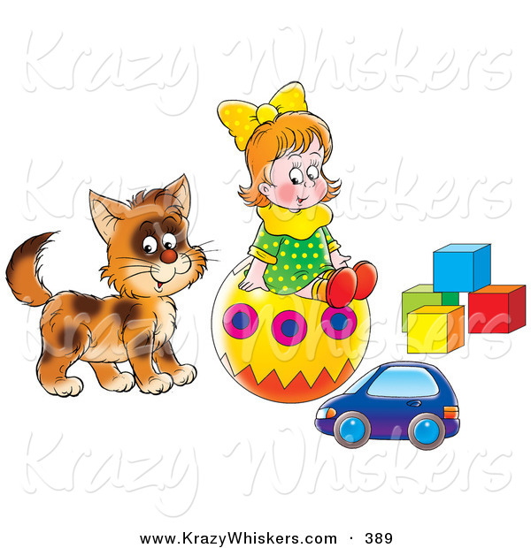 Critter Clipart of a Little Girl and Kitty Playing with a Toy Car, Ball and Blocks