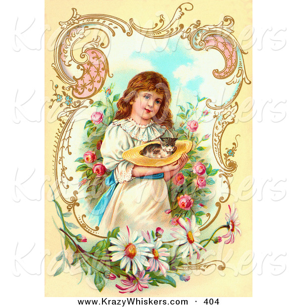 Critter Clipart of a Little Victorian Girl Painting Gently Carrying a Calico Kitten in a Hat Through a Rose Garden, Framed by Scrolls and Daisies