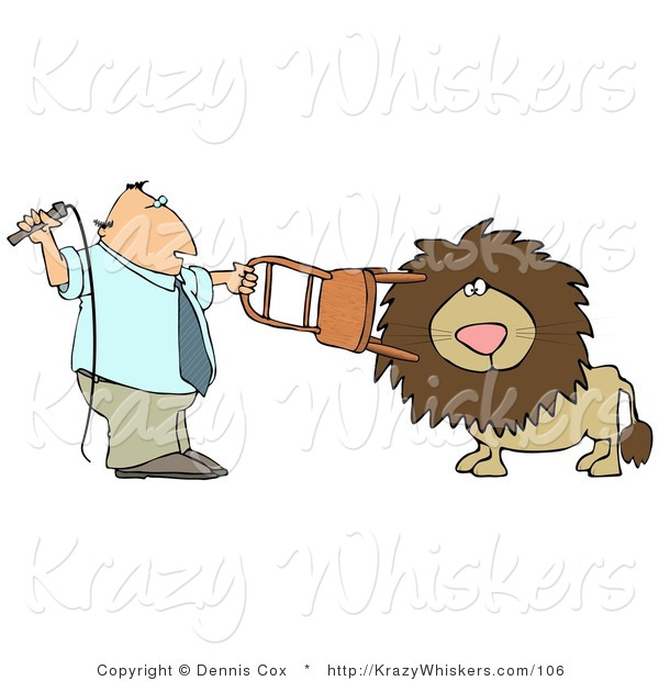 Critter Clipart of a Man Trying to Tame a Lion - Royalty Free
