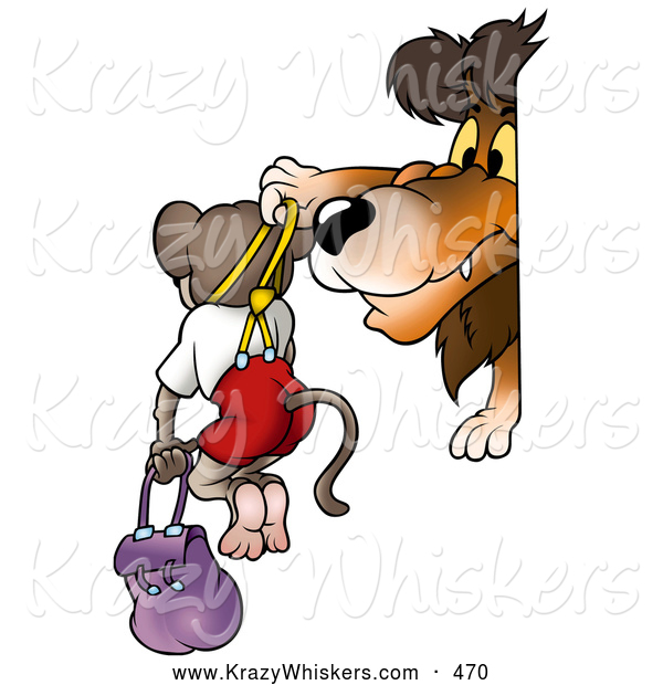 Critter Clipart of a Mean Lion Bullying a Monkey, Holding Him up by Suspenders and Carrying Him
