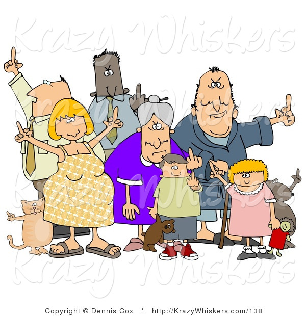 Critter Clipart of a Mob of Angry People of All Ages and Mixed Ethnicities, Standing with a Dog and a Cat and Flipping People off