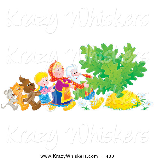 Critter Clipart of a Mouse, Cat, Dog, Girl, Woman and Man Trying to Pull a Giant Carrot or Turnip out of the Buried Ground