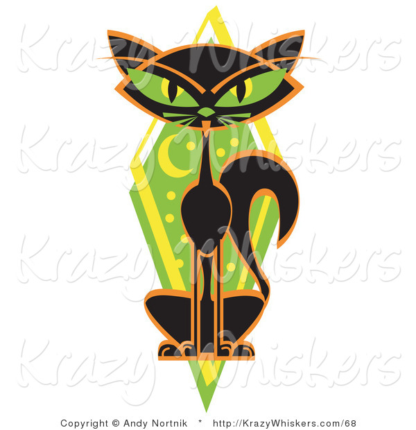Critter Clipart of a Mysterious Thin Black Cat Sitting in Front of a Green Diamond with the Moon and Stars and Green Eyes