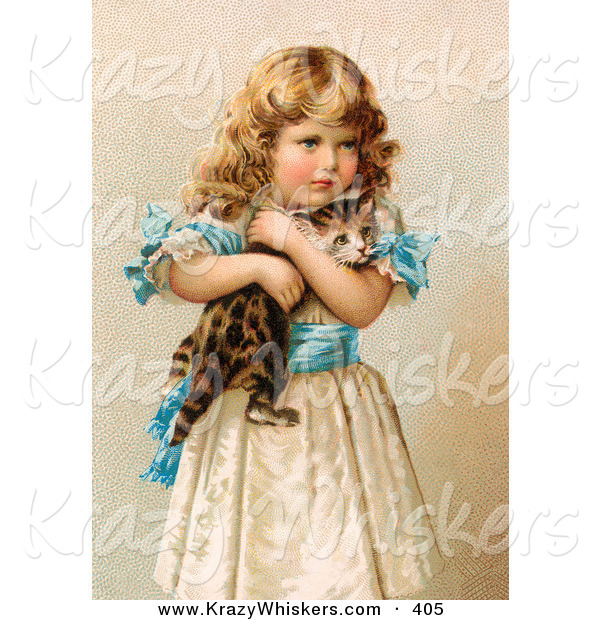 Critter Clipart of a Painting of a Little Victorian Girl in a Fluffy Dress, Hugging Her Scared Kitten