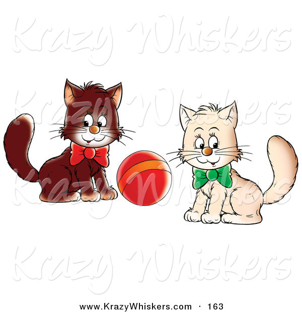 Critter Clipart of a Pair of White and Brown Kittens Wearing Bows, Playing with a Ball, Glancing at the Viewer