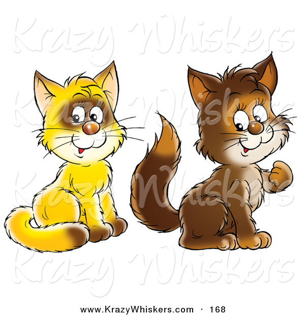 Critter Clipart of a Pair of Yellow and Brown Kitty Cats Sitting and Looking at the Viewer