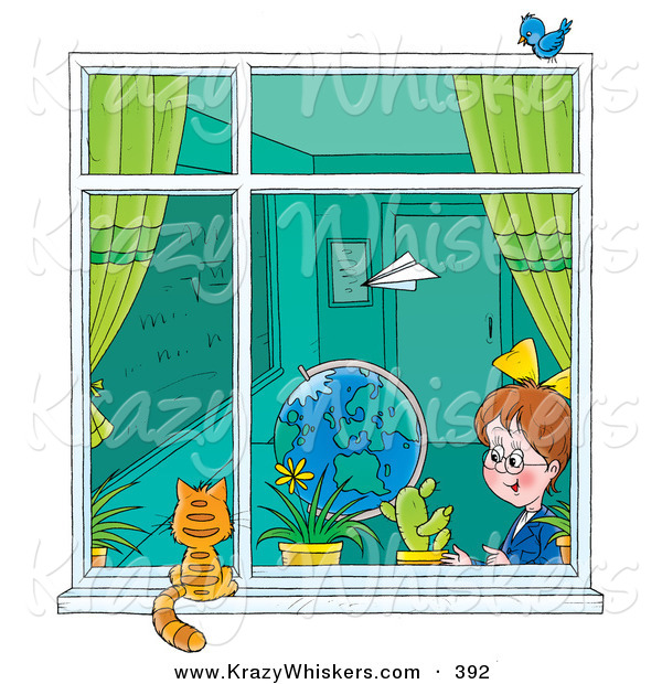 Critter Clipart of a Paper Plane Flying past a School Girl Sitting in a Classroom As She Looks out a Window at a Cat
