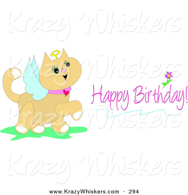 Critter Clipart of a Pink Birthday Greeting of a Cute Angel Cat with a Halo and Wings