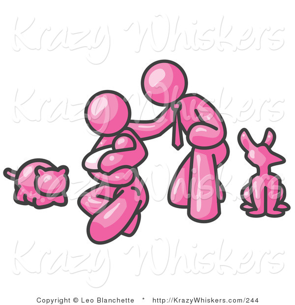 Critter Clipart of a Pink Family, Father, Mom and Newborn Baby with Their Dog and Cat
