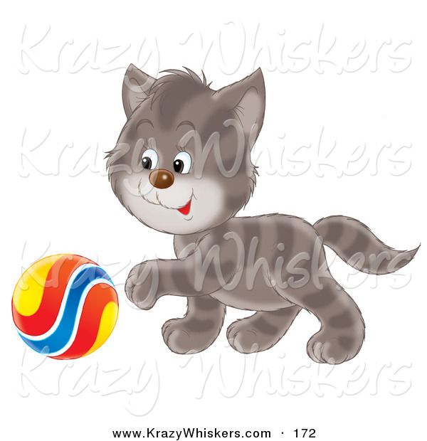 Critter Clipart of a Playful Cute Gray Striped Kitty Reaching His Paw Towards a Colorful Ball