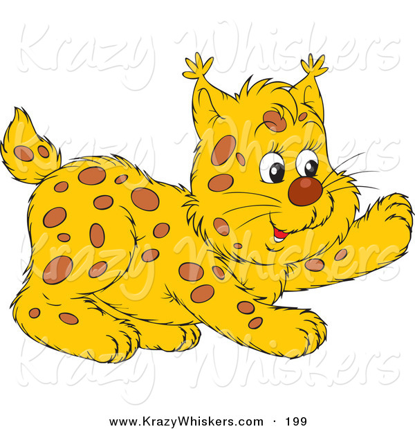 Critter Clipart of a Playful Spotted Bobcat Lifting One Paw and Looking Right