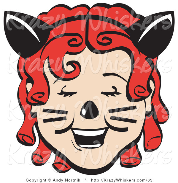 Critter Clipart of a Pretty Red Red Haired Girl with Ringlets Wearing a Headband with Cat Ears, Her Nose Painted and Cheeks with Whiskers, Laughing on Halloween