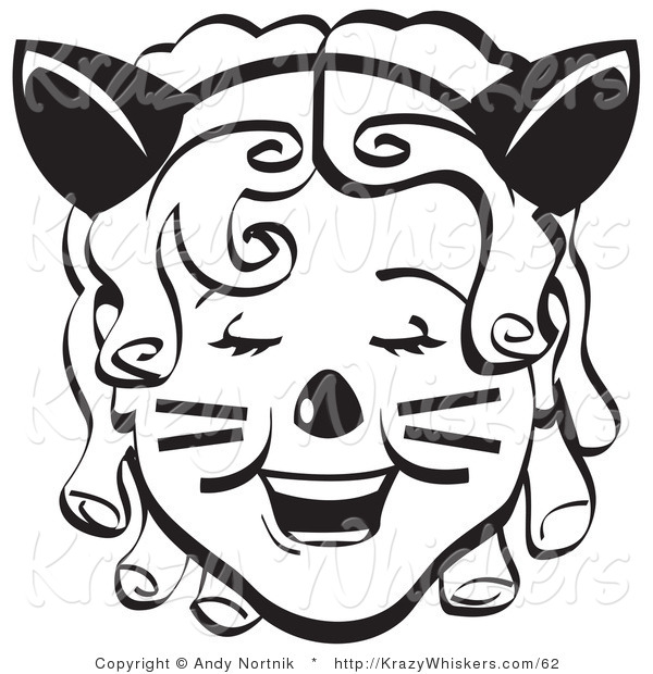 Critter Clipart of a Pretty Ringler-Haired Girl Wearing a Cat Eared Headband on Halloween Black and White