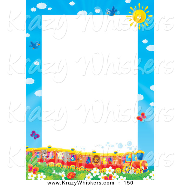 Critter Clipart of a Pretty Stationery Border or Frame of a Train Full of Animals in a Field of Flowers and Butterflies