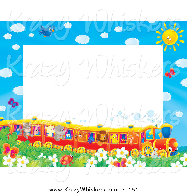 Critter Clipart of a Pretty Stationery Border or Frame of Birds, Butterflies, Bugs, and Flowers Watching a Train of Animals on a Sunny Day