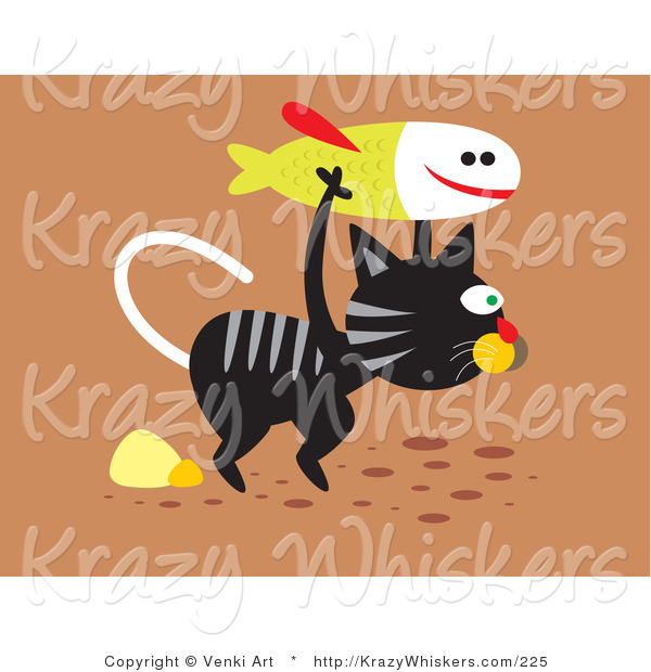 Critter Clipart of a Really Hungry Black and Gray Striped Stray Cat Carrying a Fish for Food