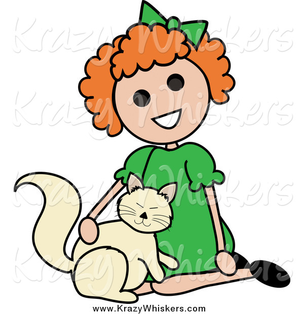 Critter Clipart of a Red Haired Girl Petting a Cat