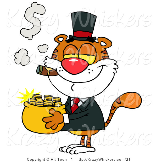 Critter Clipart of a Rich Tiger Carrying a Pot of Gold While Smoking a Cigar