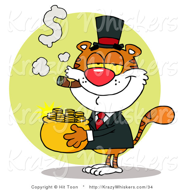 Critter Clipart of a Rich Tiger Smoking a Cigar While Carrying a Pot of Gold
