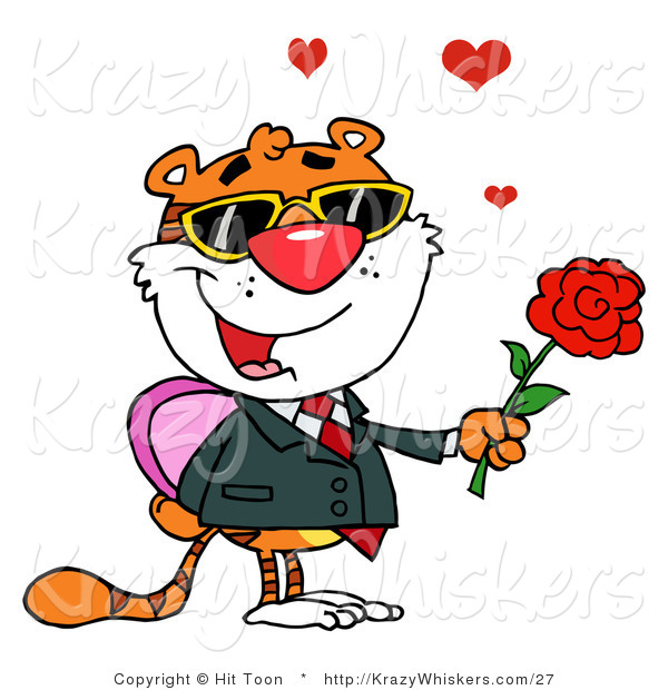 Critter Clipart of a Romantic Tiger Holding a Box of Candies and a Rose for His Valentine