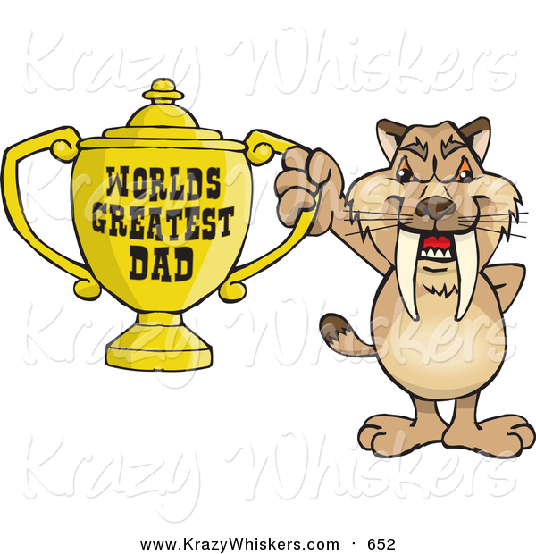 Critter Clipart of a Sabre Tooth Tiger Holding a Golden Worlds Greatest Dad Trophy