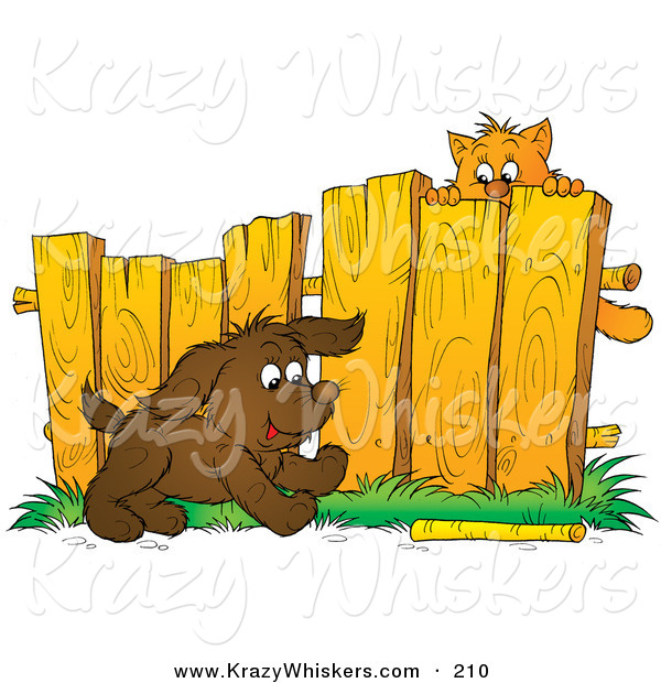 Critter Clipart of a Scared Brown Kitty Hanging from a Fence, Watching a Puppy Fetch a Stick