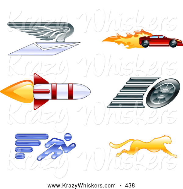 Critter Clipart of a Set of 6 Icons - Winged Envelope, Sports Car, Rocket, Tire, Sprinter and Cheetah