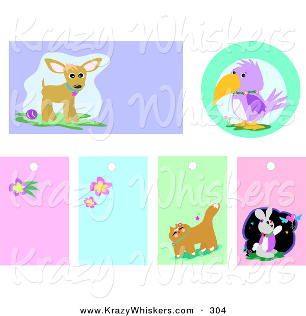 Critter Clipart of a Set of Chihuahua, Parrot, Flower, Cat and Rabbit Backgrounds and Blank Tags on White