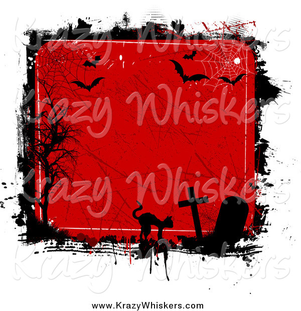 Critter Clipart of a Silhouetted Cat, Tombstones, Webs, Bats and Bare Trees with Grunge
