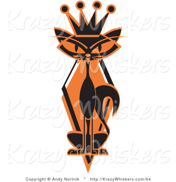 Critter Clipart of a Slim Black Siamese Cat with Orange Eyes in Silhouette, Wearing a Kings Crown