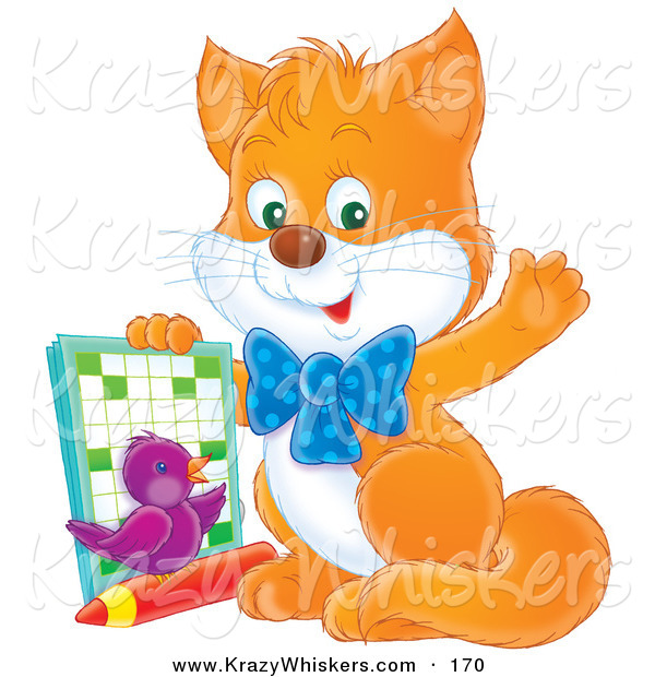 Critter Clipart of a Smart Orange Kitten and Purple Bird, Waving at the Viewer and Holding up an Activity Book