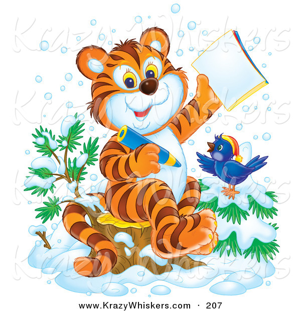 Critter Clipart of a Smart Orange Tiger Cub and Bird in the Snow, Coloring in an Activity Book