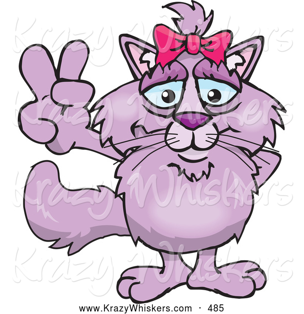 Critter Clipart of a Smiling Peaceful Pink Cat Smiling and Gesturing the Peace Sign with His Hand