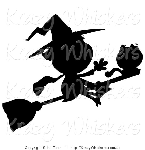 Critter Clipart of a Solid Black Silhouette of a Flying Witch with Cat on Broomstick