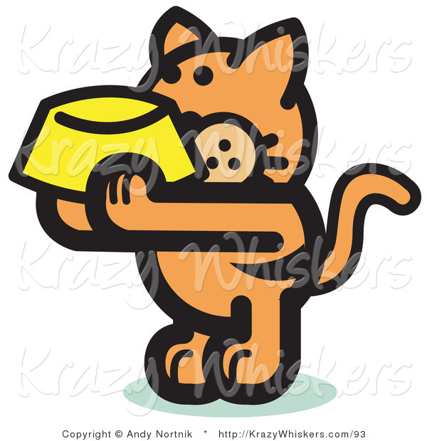 Critter Clipart of a Starving Orange Cat Holding up a Yellow Food Dish, Waiting to Be Fed