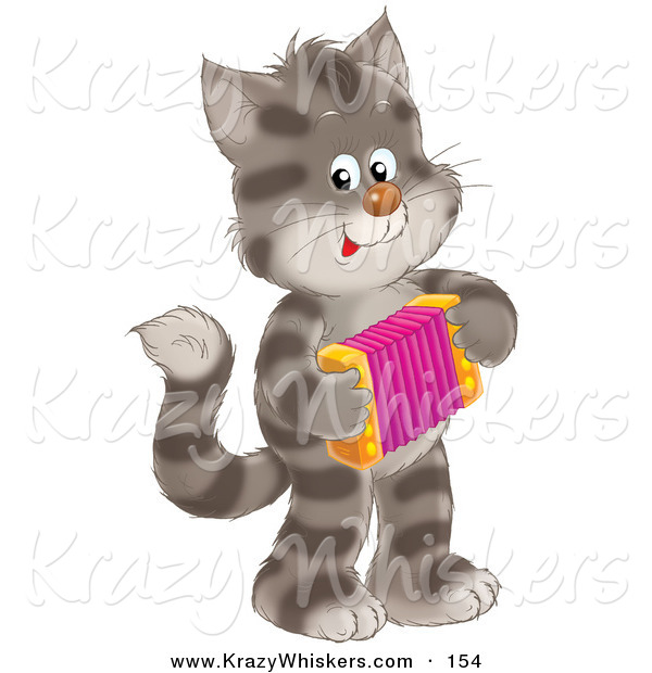Critter Clipart of a Striped Gray Kitty Cat Standing on Its Hind Legs, Playing an Accordion