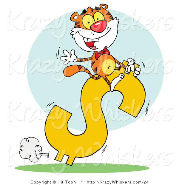 Critter Clipart of a Successful Tiger Riding on a Dollar Symbol While Waving