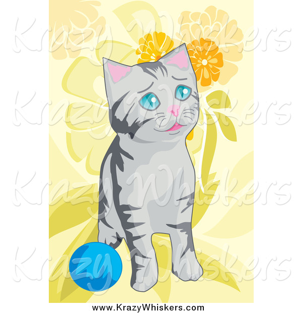 Critter Clipart of a Tabby Cat Playing with a Ball over Yellow Floral