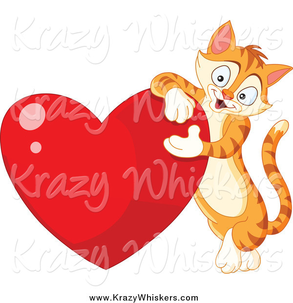 Critter Clipart of a Tabby Ginger Cat Leaning on a Shiny Red Heart