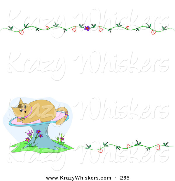Critter Clipart of a Tan Kitty Cat on a Mushroom in the Lower Left Corner of a Blank White Stationery Background with Vines