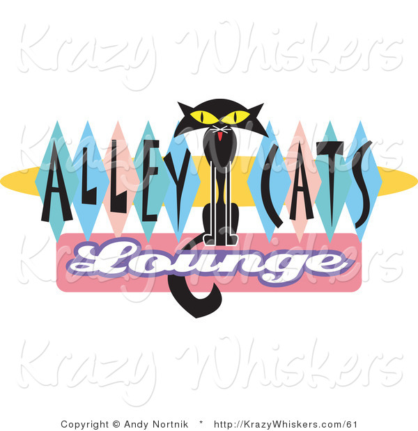 Critter Clipart of a Thin Solid Black Cat Sitting in the Center of Green, Blue and Pink Diamonds on a Vintage Alley Cats Lounge Sign