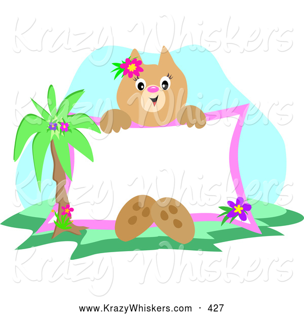 Critter Clipart of a Tropical Cat Sitting by a Palm Tree, Holding up a Blank White Sign