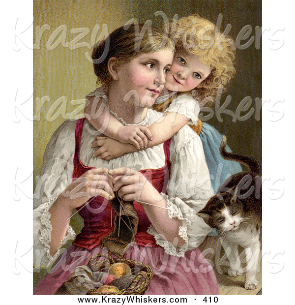 Critter Clipart of a Vintage Painting of a Little Blond Victorian Girl Hugging Her Mom from Behind As She Knits, a Cat Rubbing Against Her Arm