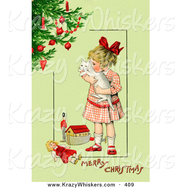 Critter Clipart of a Vintage Painting of a Little Victorian Girl Hugging Her White Cat and Standing by Toys near a Christmas Tree, on a Green Background with Greeting Text
