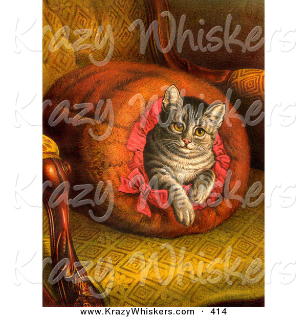 Critter Clipart of a Vintage Painting of a Pampered Victorian House Cat Taking a Leisurely Rest Inside a Muff Handwarmer on a Chair