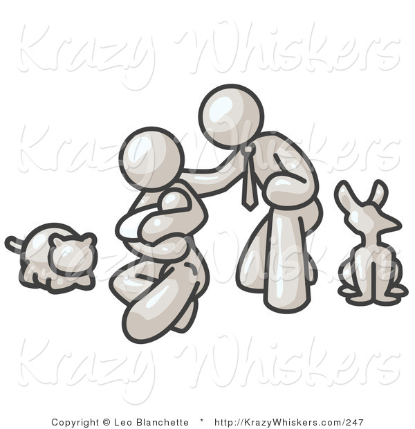 Critter Clipart of a White Family, Father, Mother and Newborn Child with Their Pet Dog and Cat