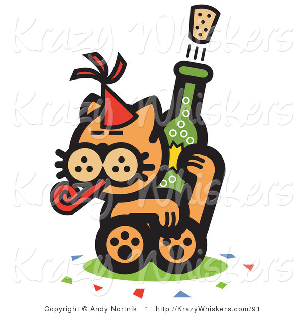 Critter Clipart of a Wild Orange Cat Wearing a Party Hat, Blowing a Party Blower and Popping a Cork off of a Bottle of Champagne