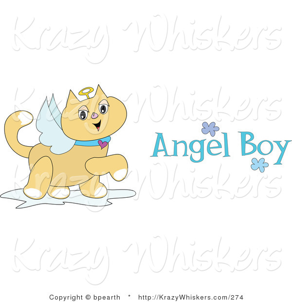 Critter Clipart of a Winged Tan Angel Cat with a Halo Prancing Around with Angel Boy Text